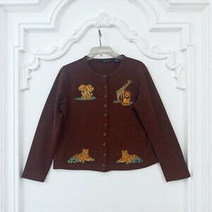 Reference Point Animal Cardigan Sweater Giraffe Lion Tiger Elephant Sz M Safari